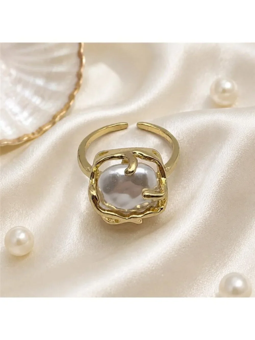Faux Baroque Pearl Statement Ring Gold Plated Brass Organic Modern Size 8.5